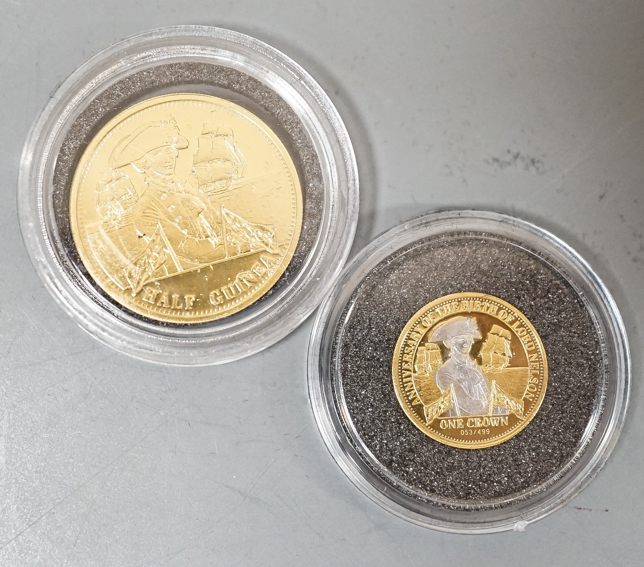 A London mint Tristan da Cunha gold half guinea, Brilliant Unc, and a similar gold piedfort one crown, cased with certificates (2)